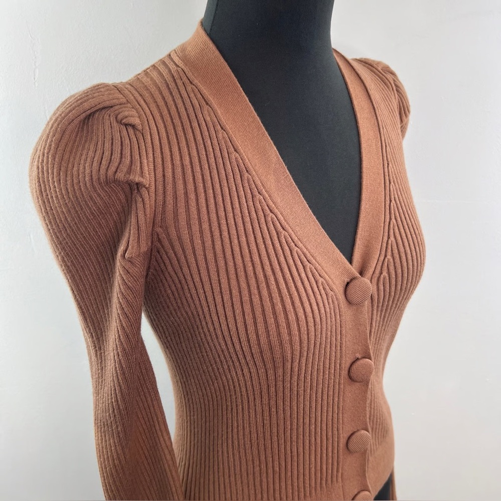 Brown Industry Cardigan with fabric buttons and puff shoulders BNWOT - Picture 4 of 9